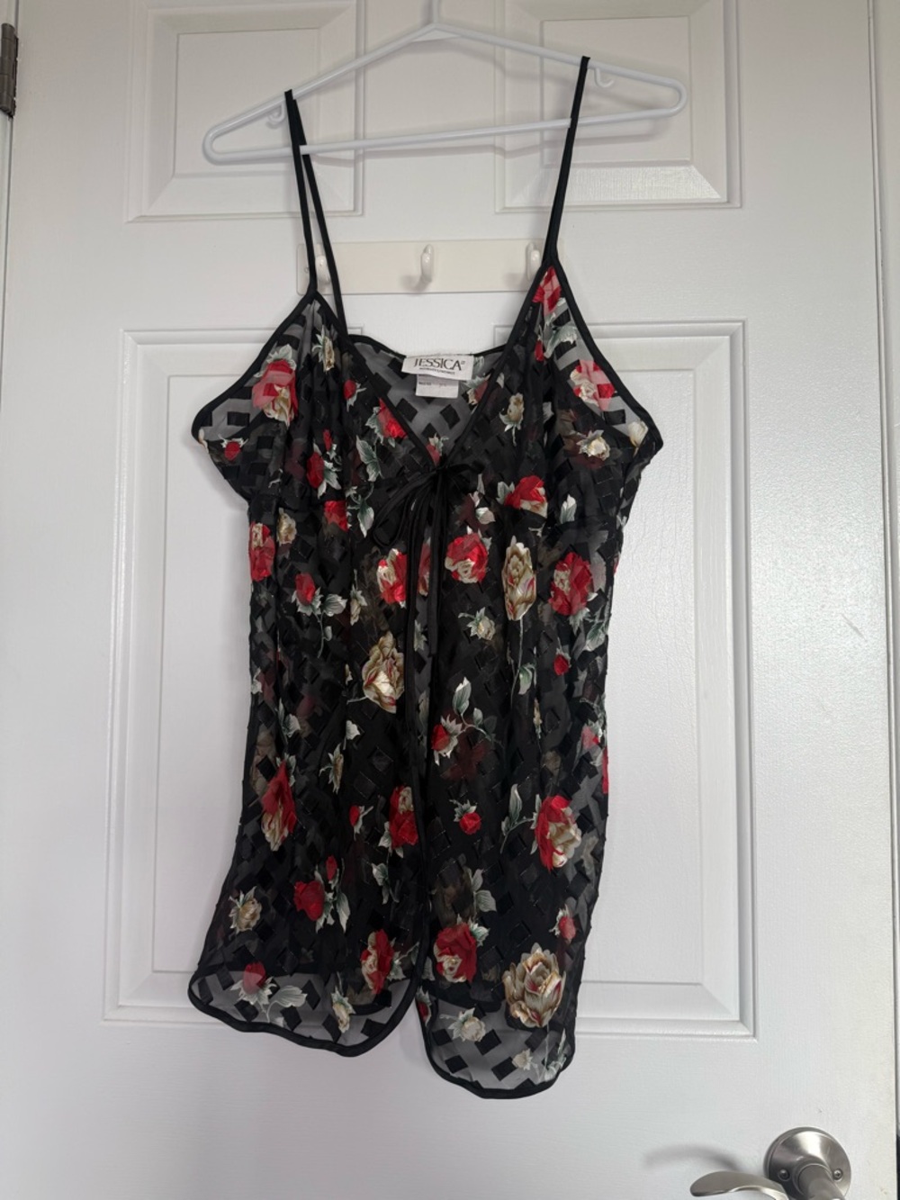 Vintage Jessica Black Lace Flyaway Cami Top with Red & Cream Roses - Size XL